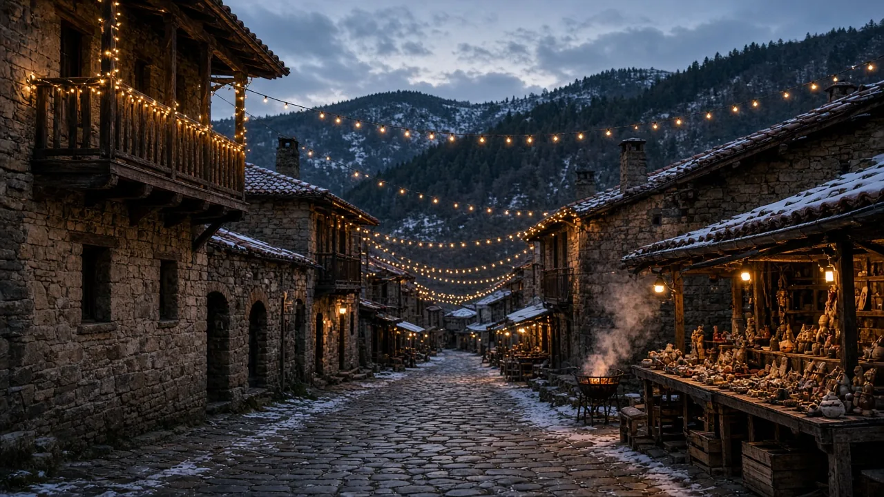 Fairy lights strung over a cobbled lane of stone houses and craft stalls in a snowy mountain village at winter dusk