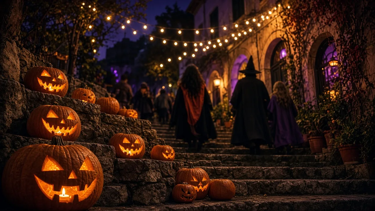 Carved pumpkins glowing on stone steps on an autumn night, with costumed people walking up the lane under string lights