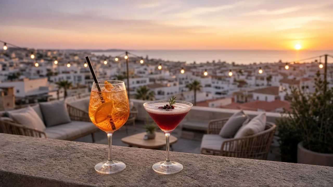 Two cocktails on a rooftop ledge at sunset, overlooking a low-rise Mediterranean city and the sea