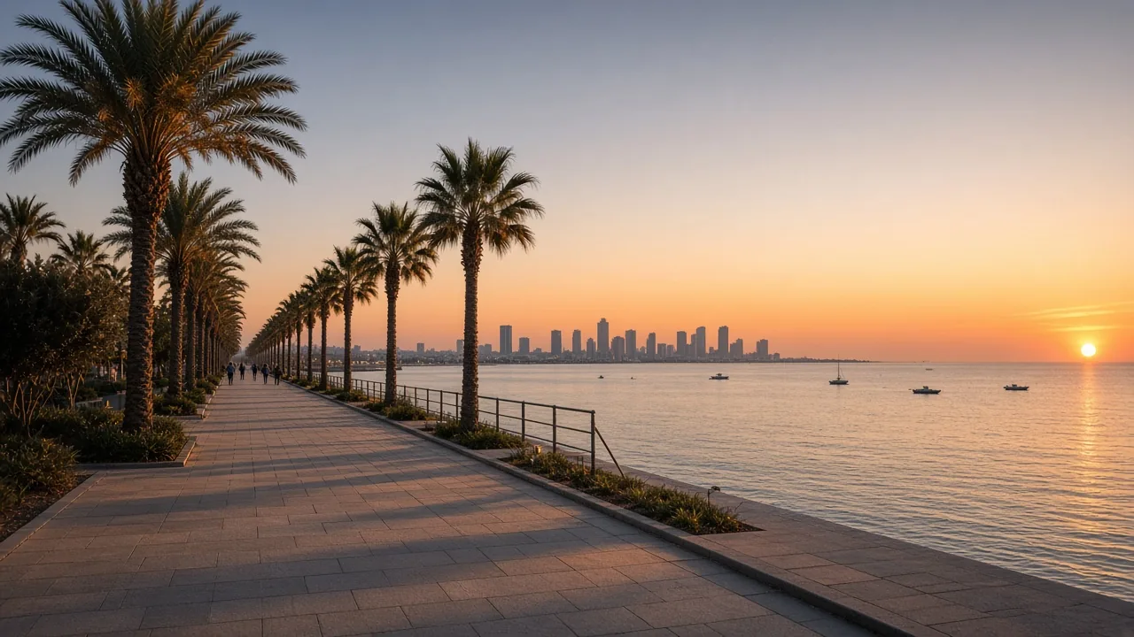 A palm-lined seafront promenade beside a calm sea at sunset, with people strolling in the distance