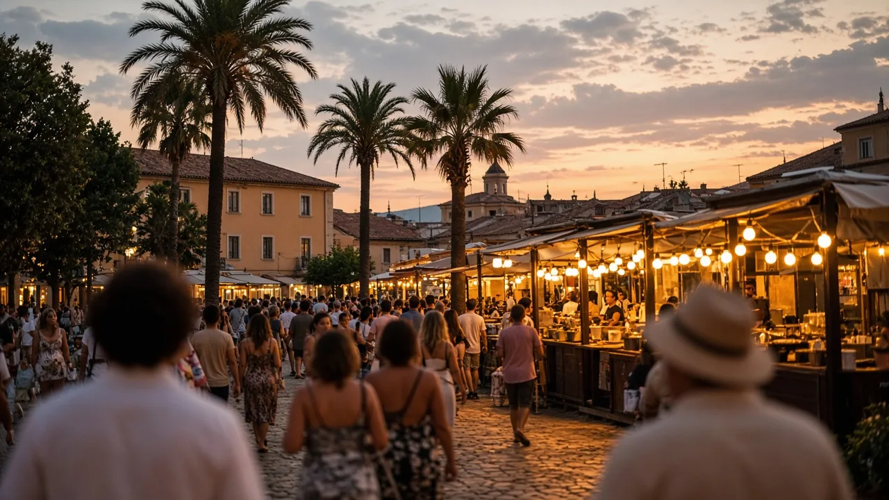 A relaxed crowd around food stalls under warm lights at an open-air weekend festival at dusk