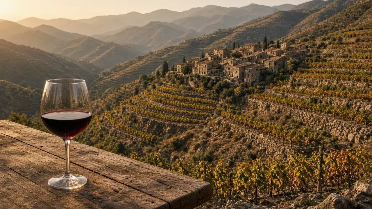 Terraced vineyards on mountain slopes with a stone village in the distance and a glass of wine on a wooden table